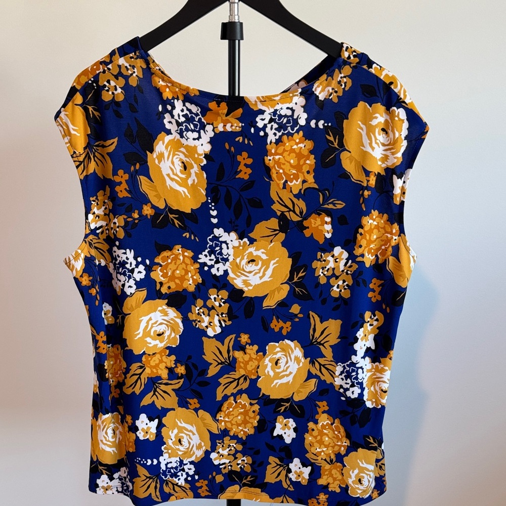 Kasper Women's Navy Blue & Mustard Floral Sleeveless Top LIKE NEW, 2X - Picture 5 of 5